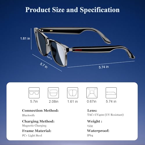 Blackview Smart Glasses, 5.3 Bluetooth Sunglasses with Open Ear Speaker, Voice Assistant Compatible, Blue Light Blocking Lens