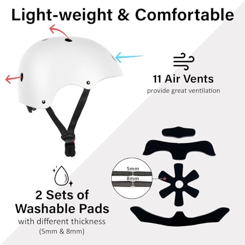 OUWOR Skateboard Bike Helmet, Lightweight Adjustable, Multi-Sport for Bicycle Skate Scooter, 3 Sizes for Adult Youth & Kids