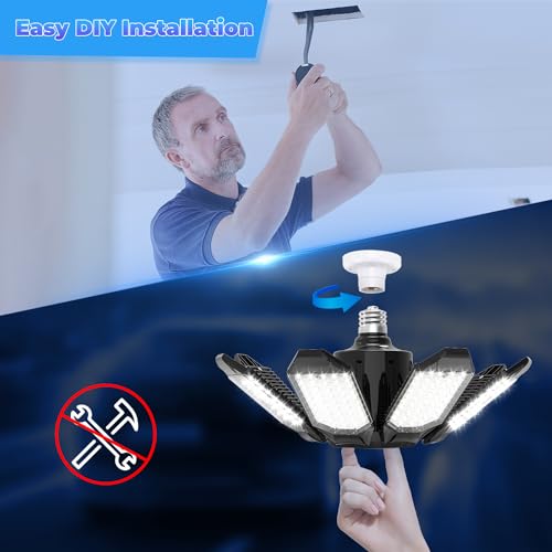 POLARPRA LED Garage Light - 2Pack Bright 50000LM Garage Lights Ceiling Led w/ 8 Deformable Panels 6500K Led Light Bulb Sre...