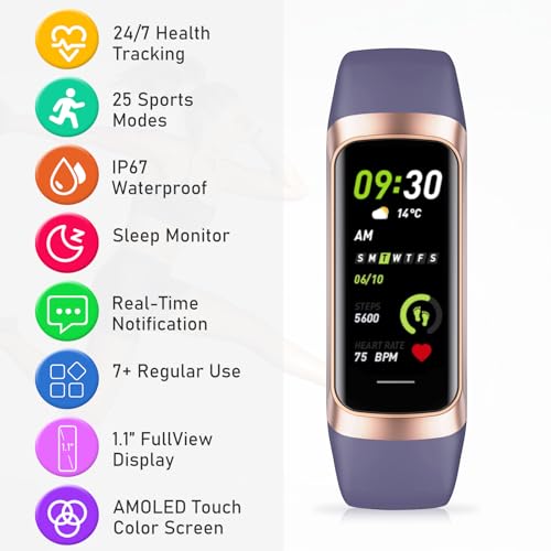 Fitness Tracker with 24/7Heart Rate, Blood Pressure, Sleep Tracking, Calorie, Activity Tracker with 1.1" AMOLED Color Scre...