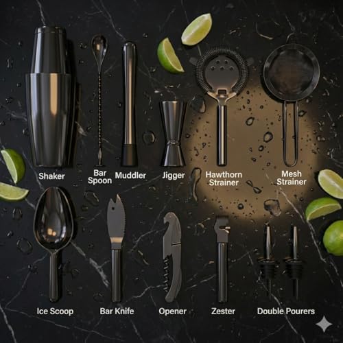 Highball & Chaser 13-Piece Gunmetal Black Stainless Steel Boston Cocktail Shaker Bar Tool Set with Mixology Bartender Kit ...