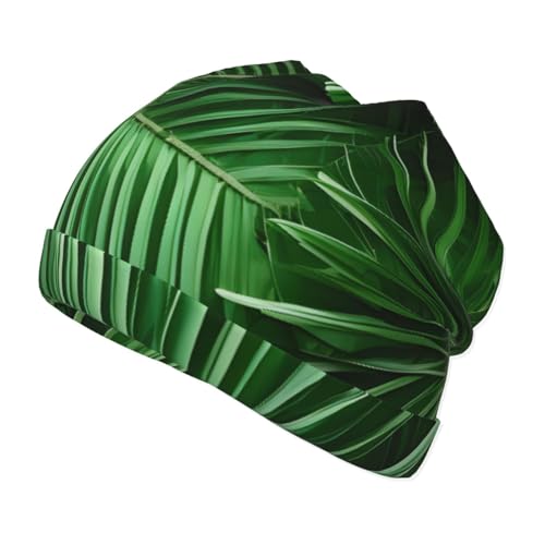 YANYU Cute Green Palm Leaves Print Soft Beanie Winter Hat Warm Thermal Cap Headwear for Snow Play Outdoor Activities