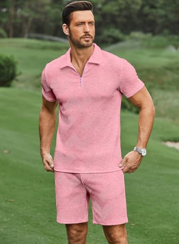JMIERR Men's Tracksuits 2 Piece Outfits Casual Sweatsuit Textured 1/4 Zip Short Sleeve Golf Polo Shirt and Short Sets