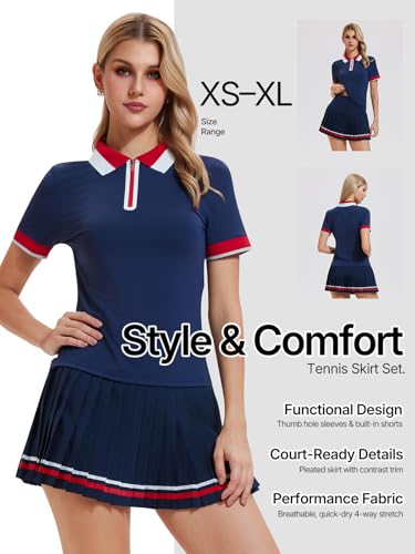 IUK Women's 2-Piece Tennis Skirt Set, Polo V-Neck Top & High-Waisted Pleated Skirt, Athletic Outfit for Golf Pickleball