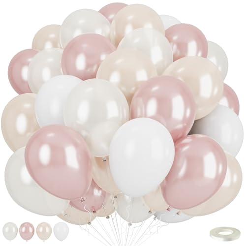 Double Stuffed Pearl White and Pink Balloons, 50pcs Double Stuffed Pearl Sand White Dusty Retro Pink Latex Balloons for Wo...