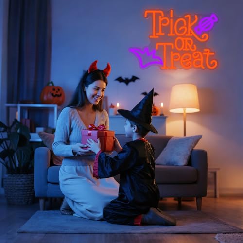 Trick or Treat Neon Sign for Wall Decor Dimmable LED Neon Halloween Light for Wall Decor, LED Halloween Light Up Sign Deco...