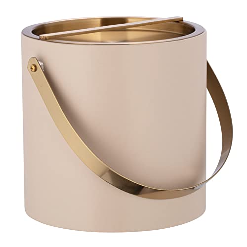 Kraftware SANTA BARBARA 3qt Ice Bucket with Brushed Gold Arch Handle & Bridge Cover: Taupe