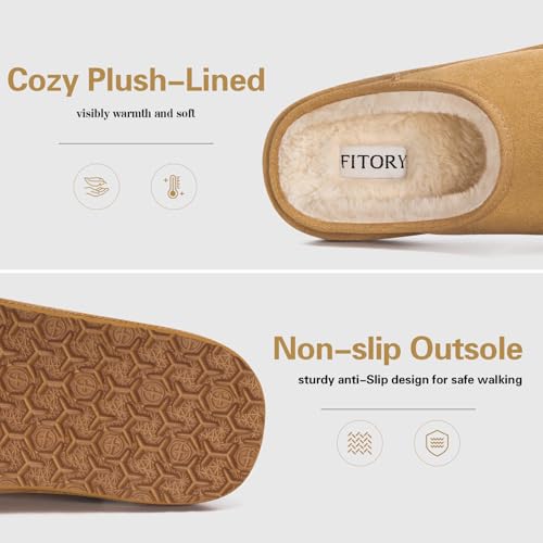FITORY Men’s Winter Genuine Leather Slippers, Comfy Memory Foam Suede Shoes with Warm Fleece-Lined for Indoor and Outdoor ...