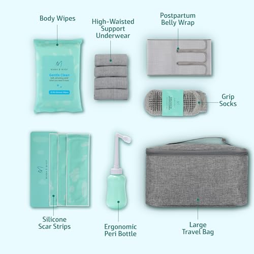 Mama & Wish® C-Section Recovery Kit Must Haves - Postpartum Essentials 12-Piece Set with Belly Binder, No-Shower Wipes, Si...