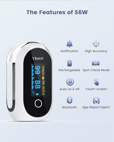 Rechargeable Pulse Oximeter Fingertip, Vibeat S6W Bluetooth O2 Monitor Finger with Real-Time Blood Oxygen Saturation & Hea...