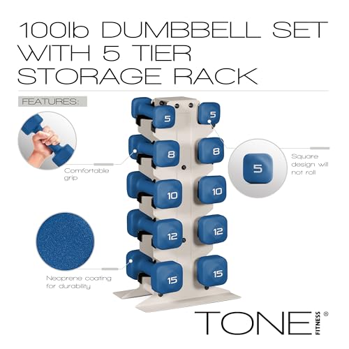 Tone Fitness Neoprene Dumbbell Set with Storage Rack – Non-Slip, Anti-Roll Hand Weights for Home Gym Workouts | 20 lb, 32 ...