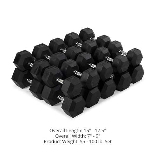 Titan Fitness Rubber Hex Dumbbells, 5 LB-50 LB Set of Pairs, Roll-Resistant Hexagonal Free Weights, Hex Dumbbell set with ...