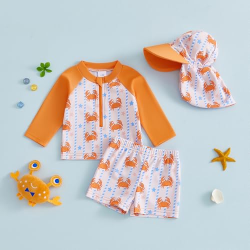Toddler Boy Swimsuit Crab Print Long Sleeve Rash Guard Shirt Swim Trunks Sun Cap 3 Piece Baby Bathing Suit