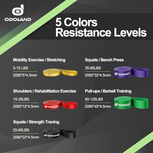 Odoland 5 Packs Pull Up Assist Bands, Pull Up Straps, Resistance Bands with Door Anchor and Handles, Stretch Mobility, Pow...