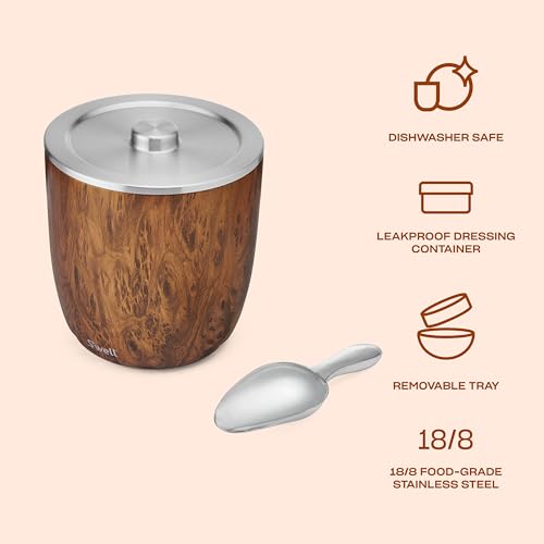 S'well Stainless Steel Ice Bucket XL, 100oz, Teakwood, Includes Lid And Scoop, Triple Layered Vacuum Insulated Container K...