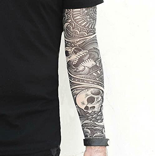 2 x Tattoo arm sleeves fake nylon elastic stocking full arm skulls halloween stretchy adult gotihic slip on biker goth got...