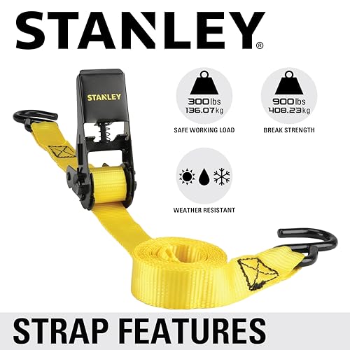 STANLEY S9500 Black/Yellow 1" x 10' Ratchet Straps - Light Cargo (300 lb Working Load / 900 lb Break Strength), 4 Pack