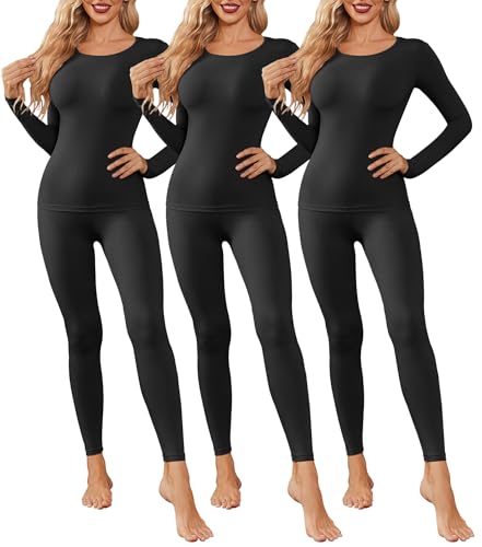 Ekouaer 3 Pack Thermal Underwear for Women Long Johns Long Sleeve Base Layer Thermals Cold Weather Sets