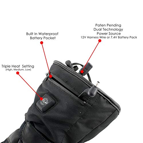 Milwaukee Leather MG17501SET Men’s Heated Black Leather/Textile Winter Gloves/Harness Wire and i-Touch