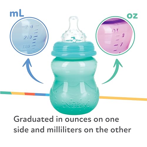 Nuby Wide Neck Non-Drip Bottle - Baby Bottles with Anti-Colic Vari-Flo Valve - (3-Pack) 8 oz - 0+ Months - Yellow, Blue, Green