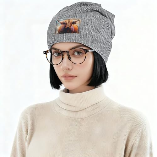 YANYU Highland Cow Print Lightweight Waffle Pullover Hat Men Women Winter Headwear Outdoor Camping Travel