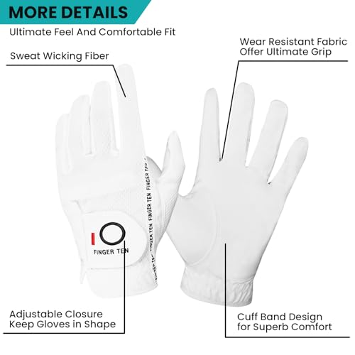 FINGER TEN Men’s Golf Glove Left Hand Right Handed Golfer Rain Grip 1 Pack, Durable Fit for Hot Wet All Weather Small Medi...