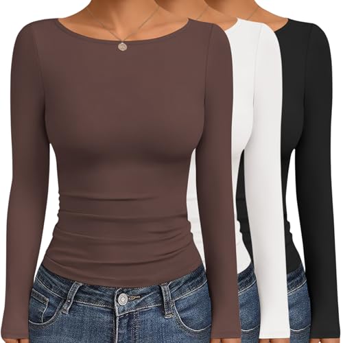 Ekouaer Women's Boat Neck Tops 3 Packs Long Sleeve Shirts Ruched Fall Fashion 2025 Outfits Basic Thermal Underscrubs