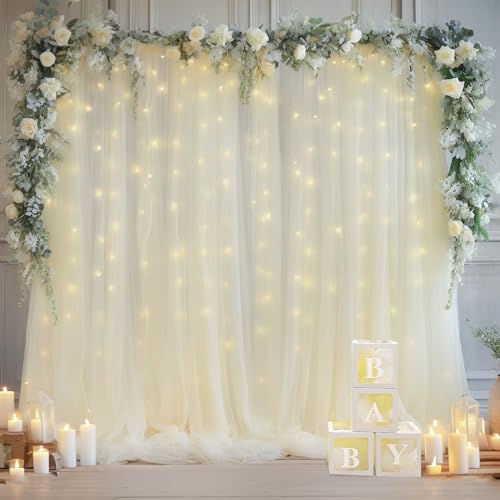 10x10ft Ivory Tulle Backdrop Curtain with Lights String for Parites, Sheer Backdrop Curtains for Wedding Baby Shower Birth...