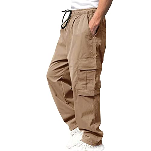 Men's Fashion Cargo Pants Solid Casual Drawstring Outdoor Hiking Pants Elastic Waisted Straight Leg Work Trousers with Pocket
