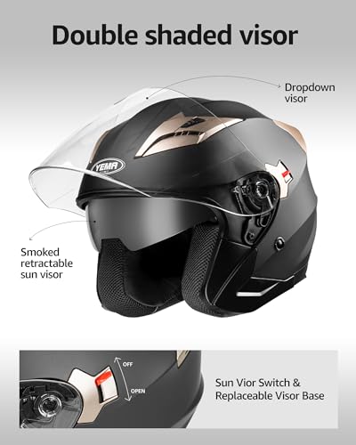 YEMA Open Face Motorcycle Helmets, DOT Approved 3/4 Moped Helmet Dual Visor Quick Release Buckle, Helmets for Adults Motor...