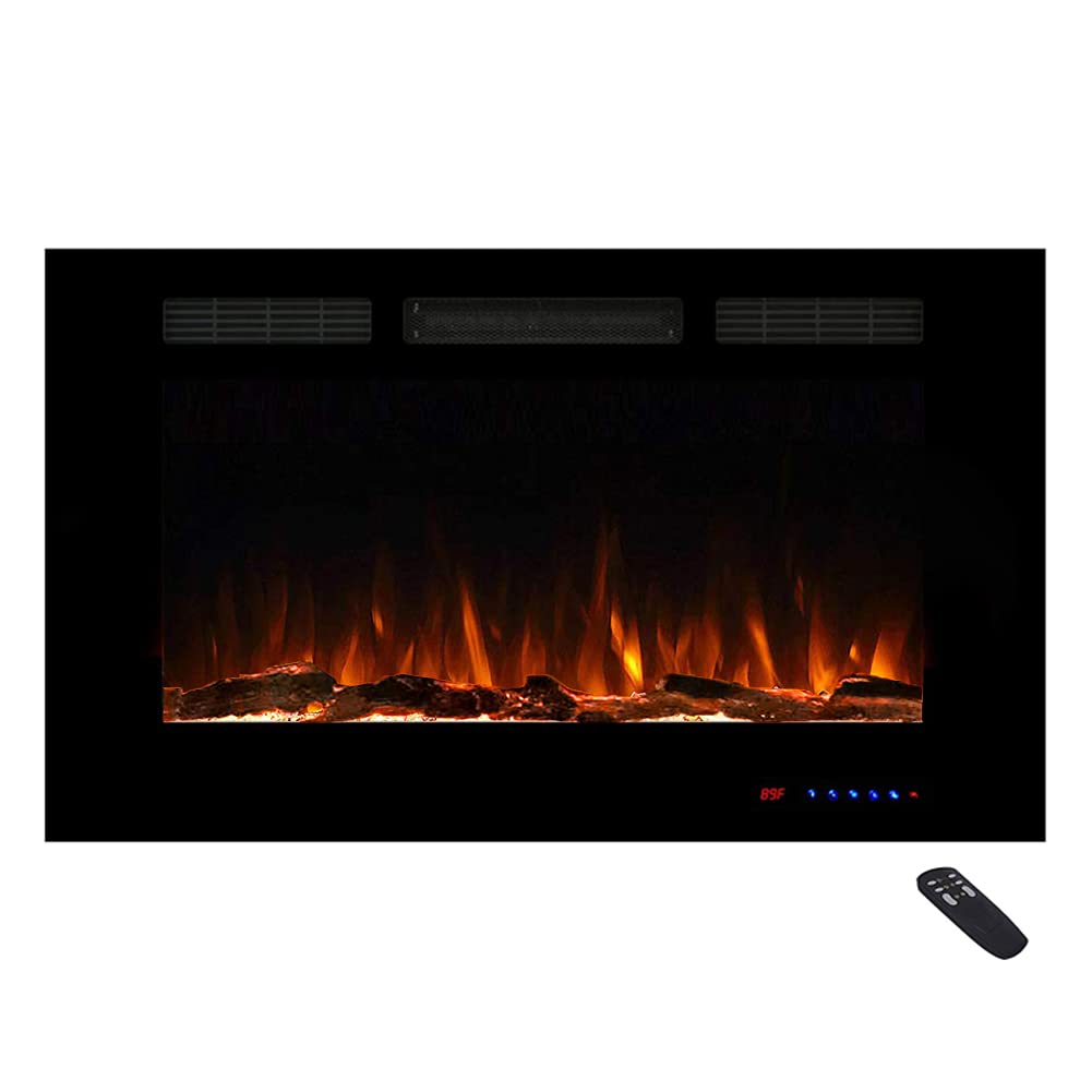 Masarflame 36 Recessed Electric Fireplace Insert, 5 Flame Settings, Log Set Or Crystal Options, Temperature Control By Touch Pan