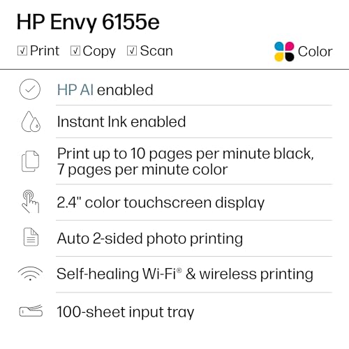 HP Envy 6155e Wireless All-in-One Color Inkjet Printer, Portobello, Print, scan, copy, Duplex printing Best-for-home, 3 mo...