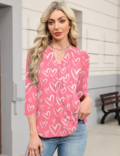IECCP 3/4 Length Sleeve Womens Tops Dressy Casual Henley V-Neck Summer Tops Pleated T-Shirts Loose Fit Work Blouses