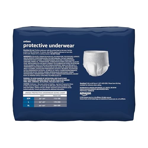 Amazon Basics Unisex Protective Underwear, Overnight Absorbency, Small/Medium, 16 Count, (1 Pack of 16)