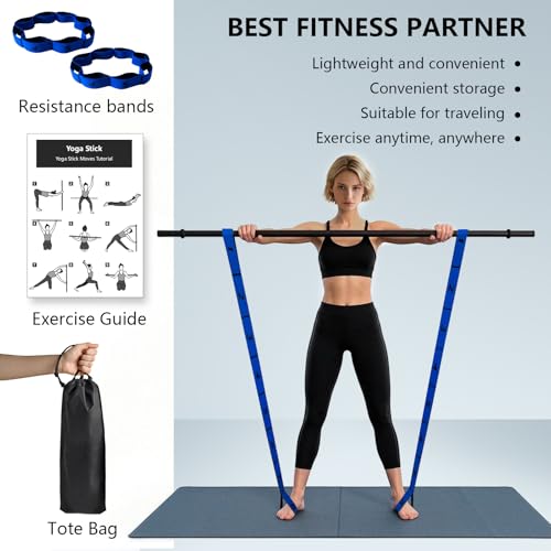 Yoga Stick, mobility stick，5-foot exercise stick, 3-in-1 stretching stick kit, comes with balance bar, yoga exercise instr...
