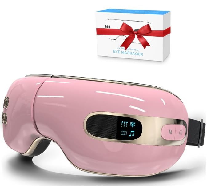 fmlave Eye Massager with Heat and Coolling for Migraines, Dry Eyes, Eye Strains, Eye Massager Mask Heat Cold Tech Bluetooth Music for Sleeping Birthday Gifts for Women Men
