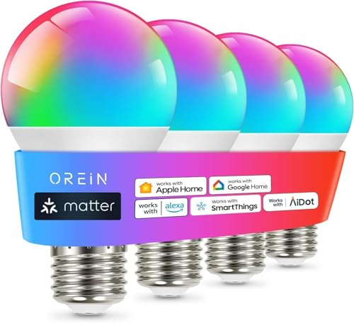 OREiN Matter Smart Light Bulb, Smart Light Bulbs Work with Apple Home, Alexa, Google Home, SmartThings, A19 Color Changing...