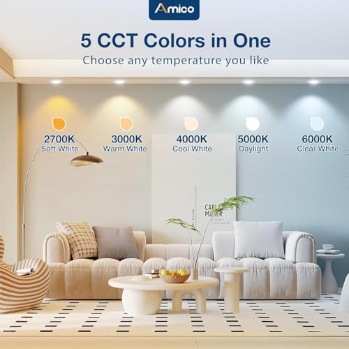 Amico 4 Pack 5/6 inch 5CCT LED Recessed Lighting, Dimmable, 12.5W=100W, 950LM, 2700K/3000K/4000K/5000K/6000K Selectable, R...