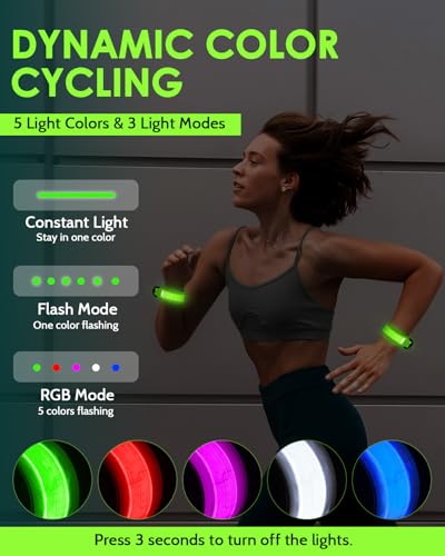 Fitense Rechargeable LED Armband 2-Pack, High Visibility Running Gear for Night Safety, 5 Colors & 3 Modes Light Up Wristb...