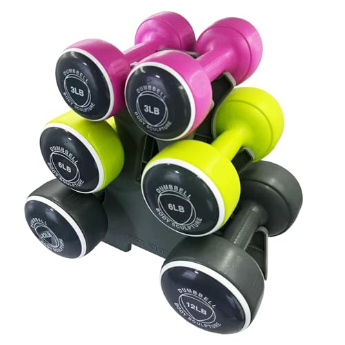 Body Sculpture hand weights set Free‑Weight Dumbbell Set with Rack Set includes 3, 6 and 12 lb weights ideal for men and w...