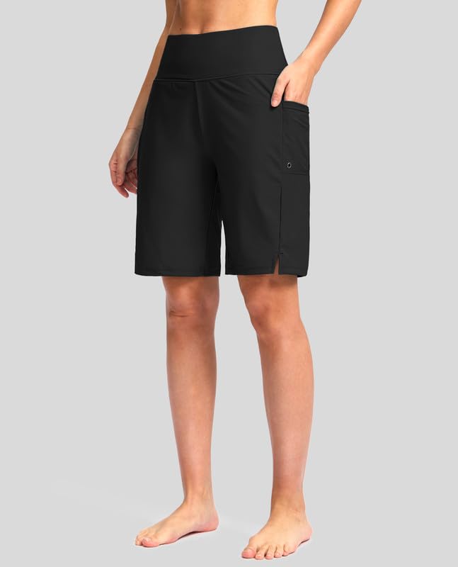 G Gradual Women's 9" Long Swim Board Shorts with Pockets High Waisted Knee Length Beach Swimming Shorts for Women with Liner