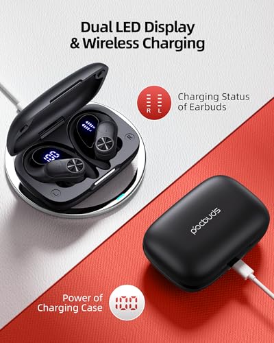 PocBuds Bluetooth Headphones Wireless Earbuds 80hrs Playtime Wireless Charging Case Digital Display Sports Ear Buds with E...