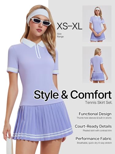 IUK Women's 2-Piece Tennis Skirt Set, Polo V-Neck Top & High-Waisted Pleated Skirt, Athletic Outfit for Golf Pickleball