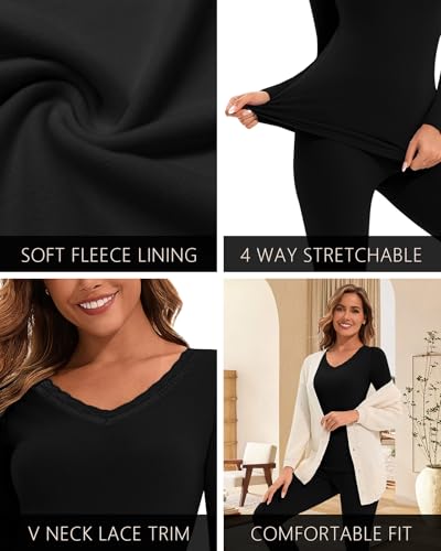 WOWENY Long Johns Thermal Underwear for Women Fleece Lined Base Layer 2 Pieces Pajama Set Cold Weather Lace V Neck Top Bottom