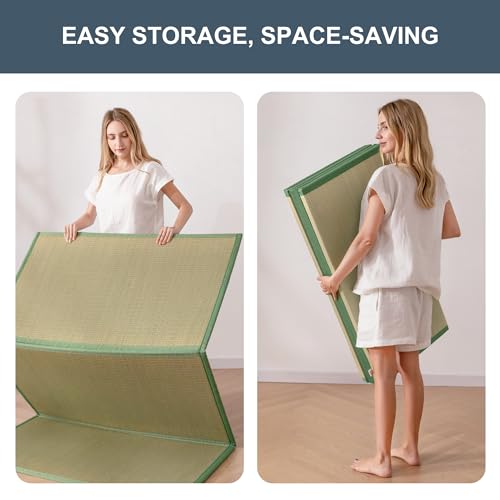 MAXYOYO Japanese Tatami Mat 100% Rush Grass Portable Folding Mat Futon Mattress Firm Traditional Floor Bed 79"x60"x0.47"