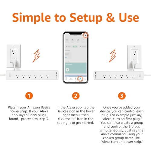 Amazon Basics Smart Plug Power Strip with 6 Individually Controlled Outlets and 3 USB Ports (2 USB-A and 1 USB-C), Works w...