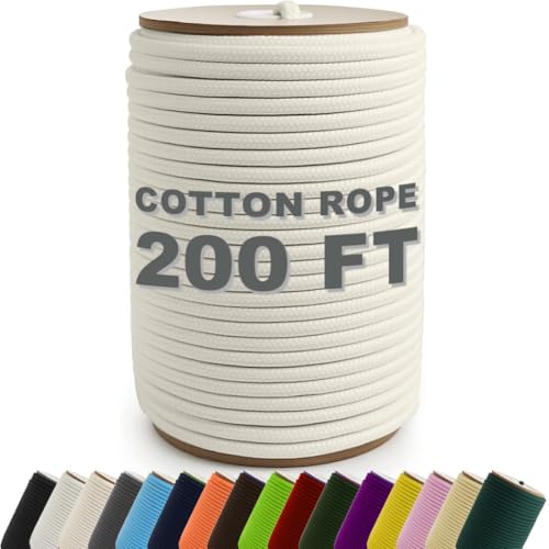 PerkHomy 200 Feet Cotton Rope 3/16" (5mm) Multi Purpose Utility Diamond Braided Cord, Natural Cotton for Clothes Line Camp...