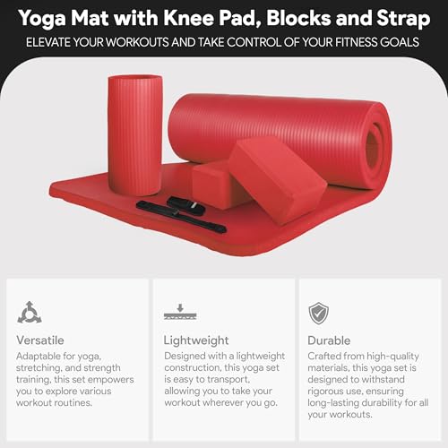 BalanceFrom 71x24 Inches Yoga Mat with Knee Pad and Optional Blocks – Extra 1-Inch Thick Non-Slip Foam with Anti-Tear Surf...