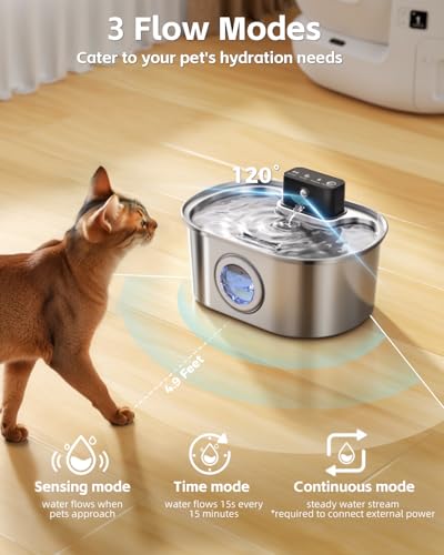 Cat Water Fountain Wireless - Stainless Steel 3.2L/108oz Cordless Pet Fountain - Battery Operated Automatic Water Dispense...