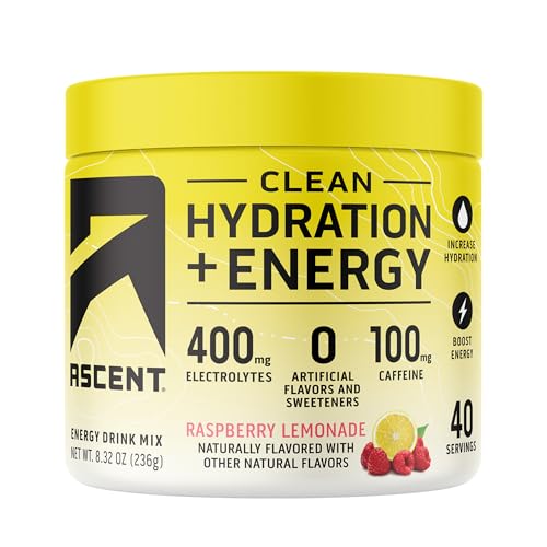 Ascent Clean Hydration + Energy Electrolytes Powder - 100mg Caffeine, 400mg Electrolytes, No Artificial Ingredients, Raspb...